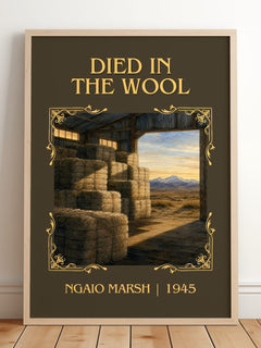 Died in the Wool Classic Book Art Print by Ngaio Marsh – framed print leaning on a wooden floor