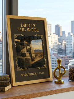Died in the Wool Classic Book Art Print by Ngaio Marsh – framed print on a city-view windowsill