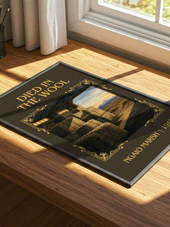 Died in the Wool Classic Book Art Print by Ngaio Marsh – print on a sunlit desk