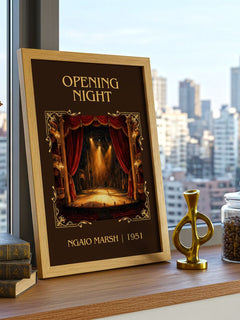 Opening Night Classic Book Art Print by Ngaio Marsh – framed print on a city-view windowsill
