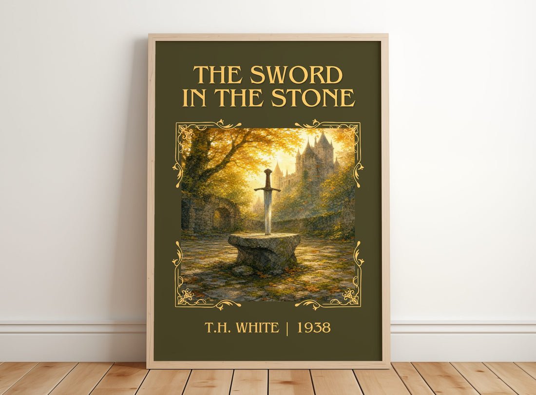 The Sword in the Stone Classic Book Art Print by T.H. White – framed print leaning on a wooden floor