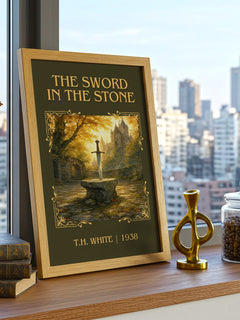The Sword in the Stone Classic Book Art Print by T.H. White – framed print on a city-view windowsill