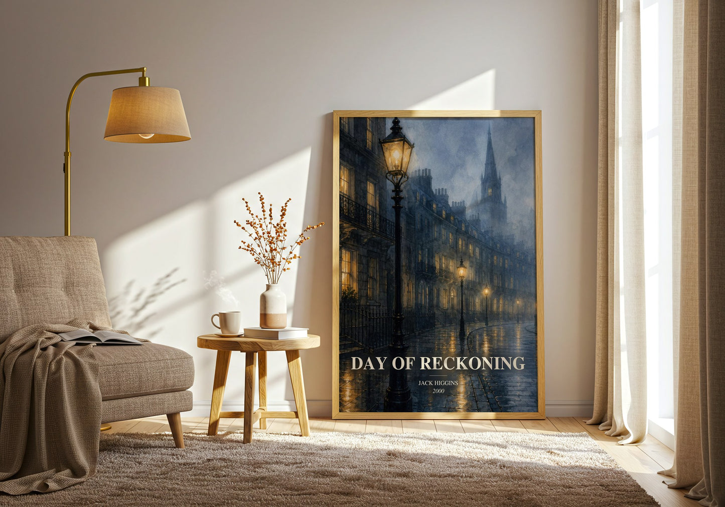 Day Of Reckoning watercolour print in frame leaning in hallway – thriller wall art
