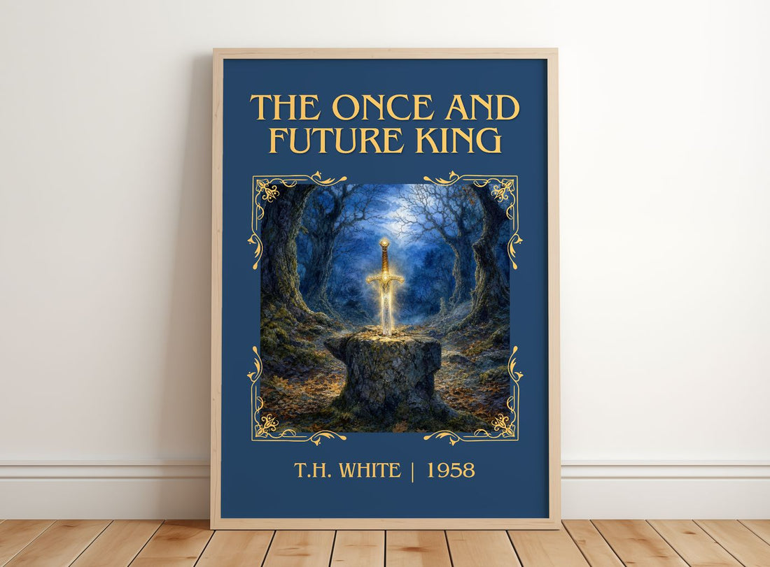 The Once and Future King Classic Book Art Print by T.H. White – framed print leaning on a wooden floor