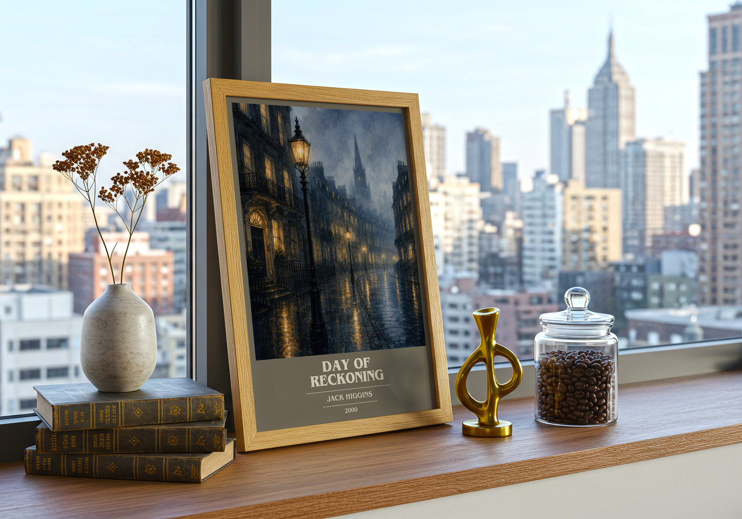 Day Of Reckoning book cover print framed by window – literary home decor