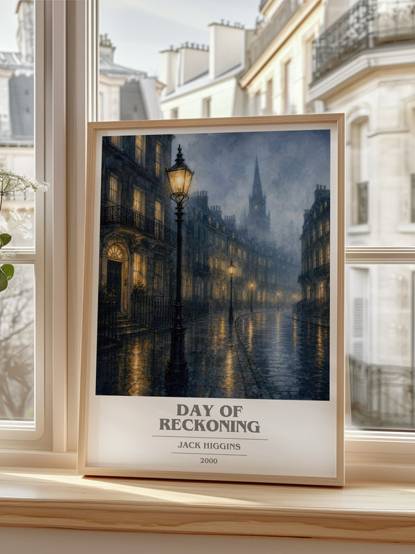 Day Of Reckoning Book Cover Poster by Jack Higgins – framed print by a bright window
