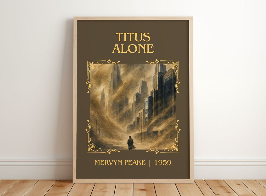 Titus Alone Classic Book Art Print by Mervyn Peake – framed print leaning on a wooden floor