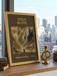 Titus Alone Classic Book Art Print by Mervyn Peake – framed print on a city-view windowsill