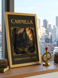 Carmilla Classic Book Art Print by Sheridan Le Fanu – framed print on a city-view windowsill
