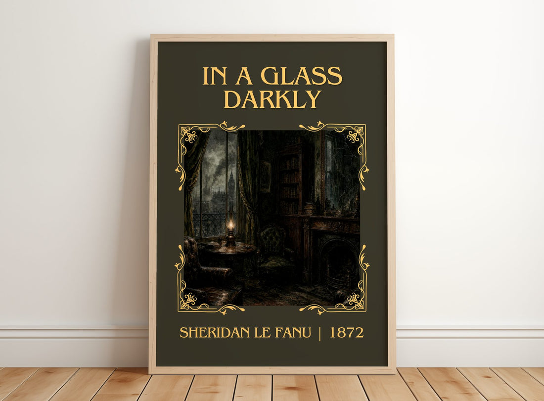 In a Glass Darkly Classic Book Art Print by Sheridan Le Fanu – framed print leaning on a wooden floor
