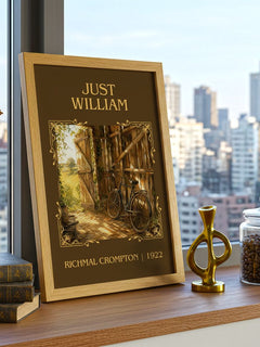 Just William Classic Book Art Print by Richmal Crompton – framed print on a city-view windowsill