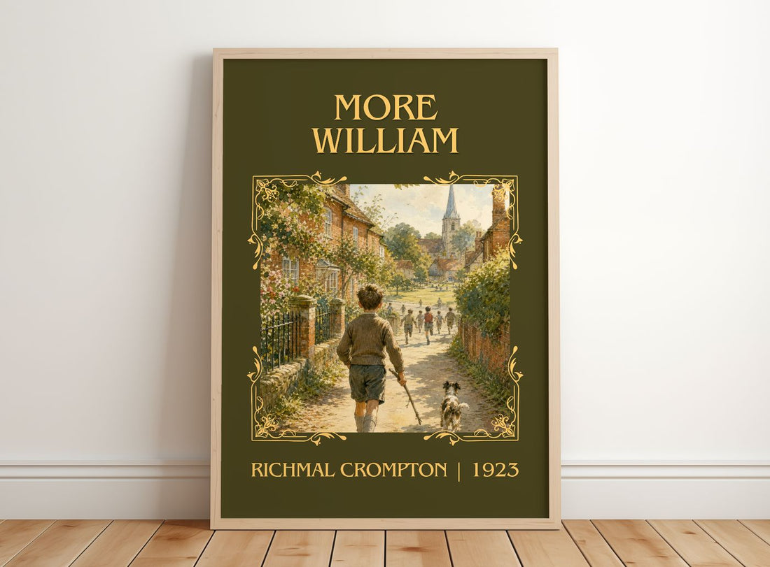 More William Classic Book Art Print by Richmal Crompton – framed print leaning on a wooden floor