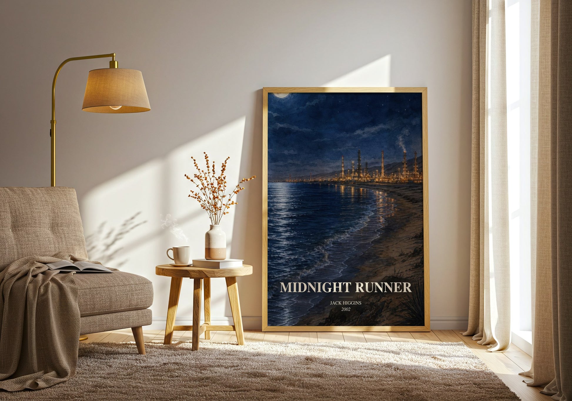 Midnight Runner watercolour print in frame leaning in hallway – thriller wall art