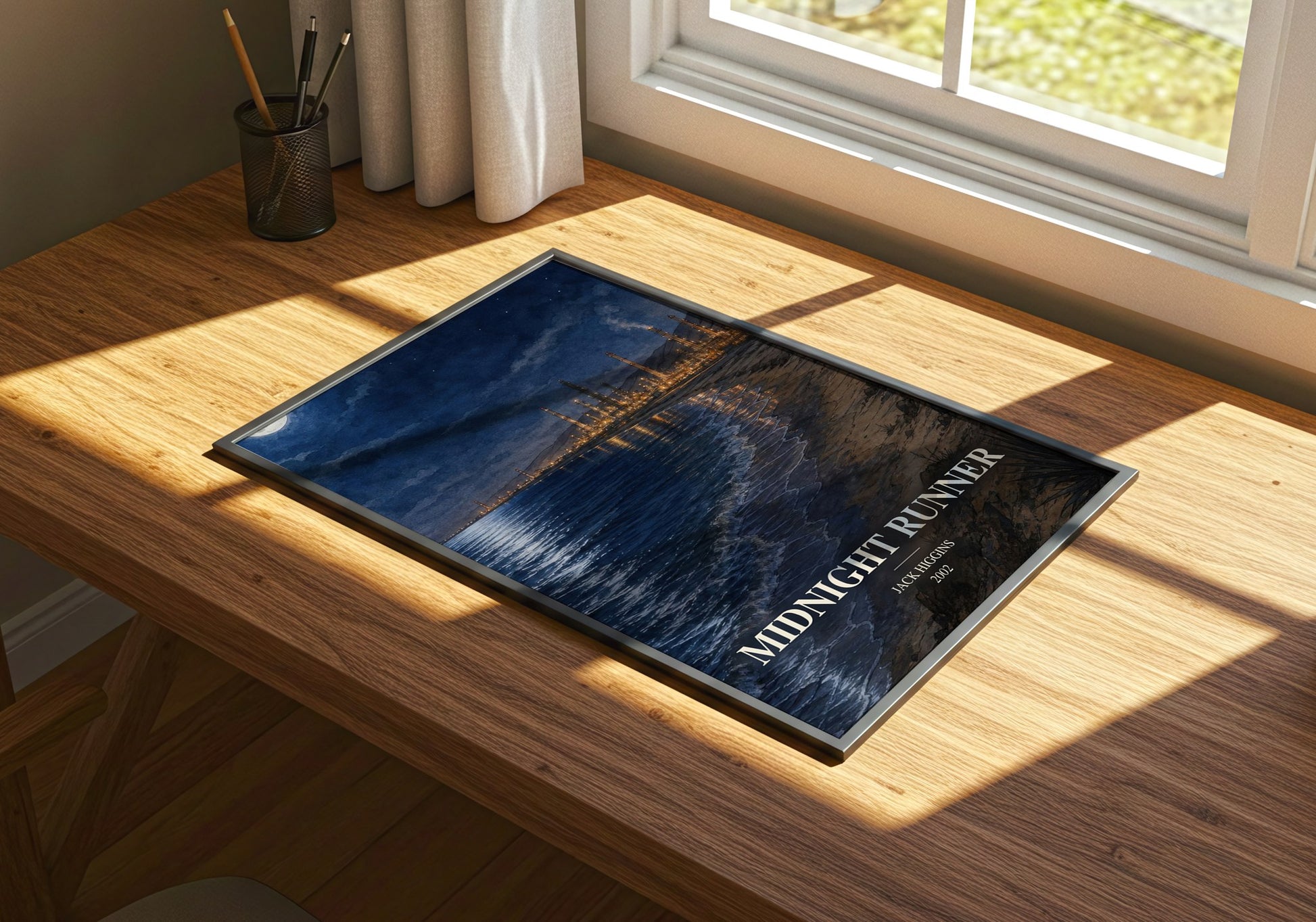 Midnight Runner watercolour book poster framed on wall – thriller wall art
