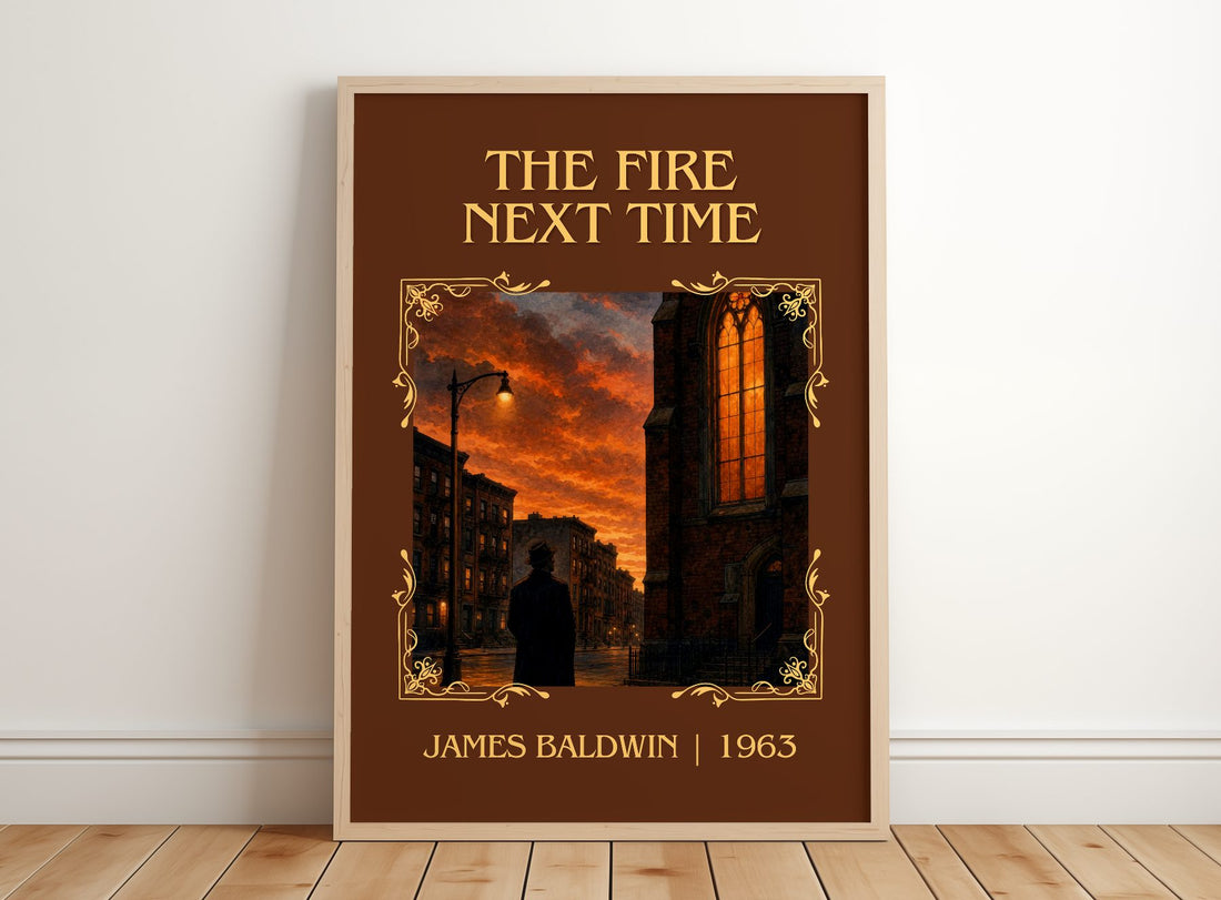 The Fire Next Time Classic Book Art Print by James Baldwin – framed print leaning on a wooden floor