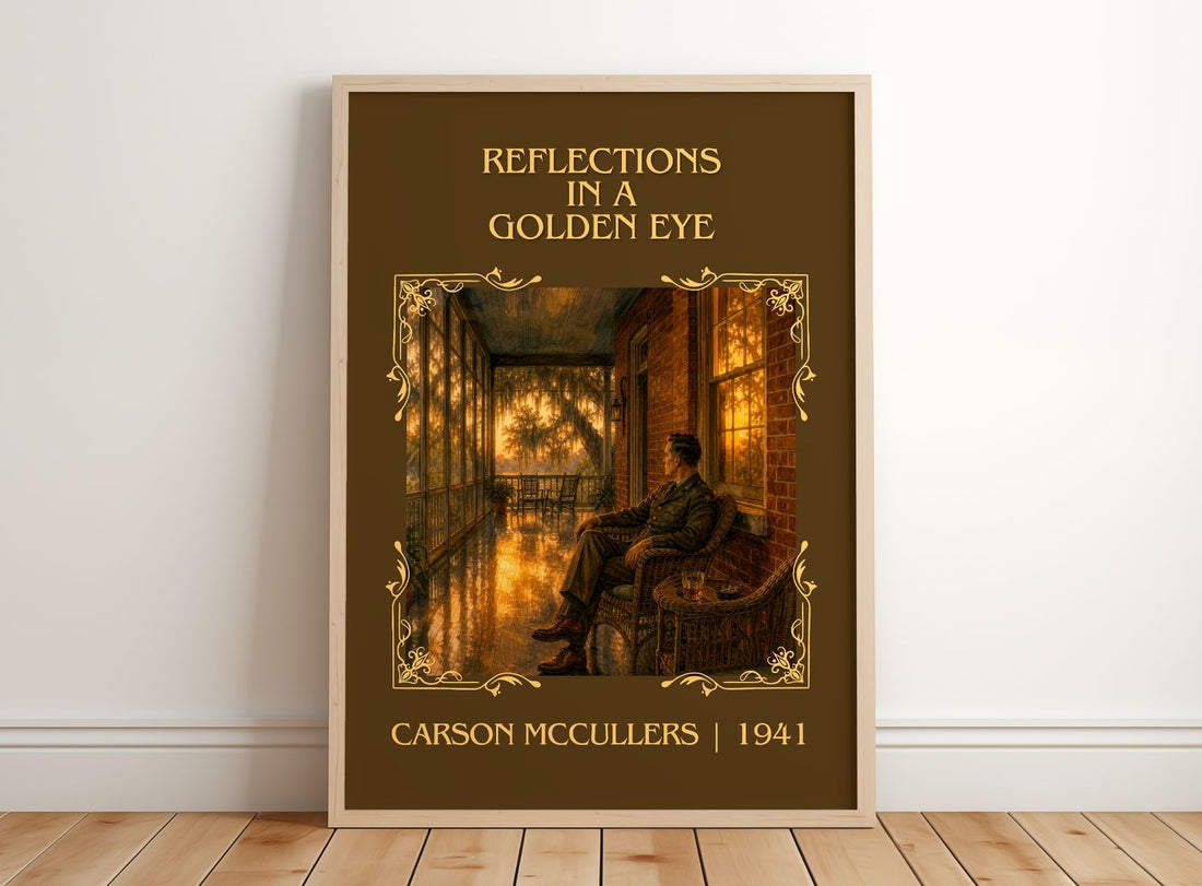 Reflections in a Golden Eye Classic Book Art Print by Carson McCullers – framed print leaning on a wooden floor
