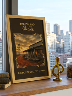 The Ballad of the Sad Café Classic Book Art Print by Carson McCullers – framed print on a city-view windowsill