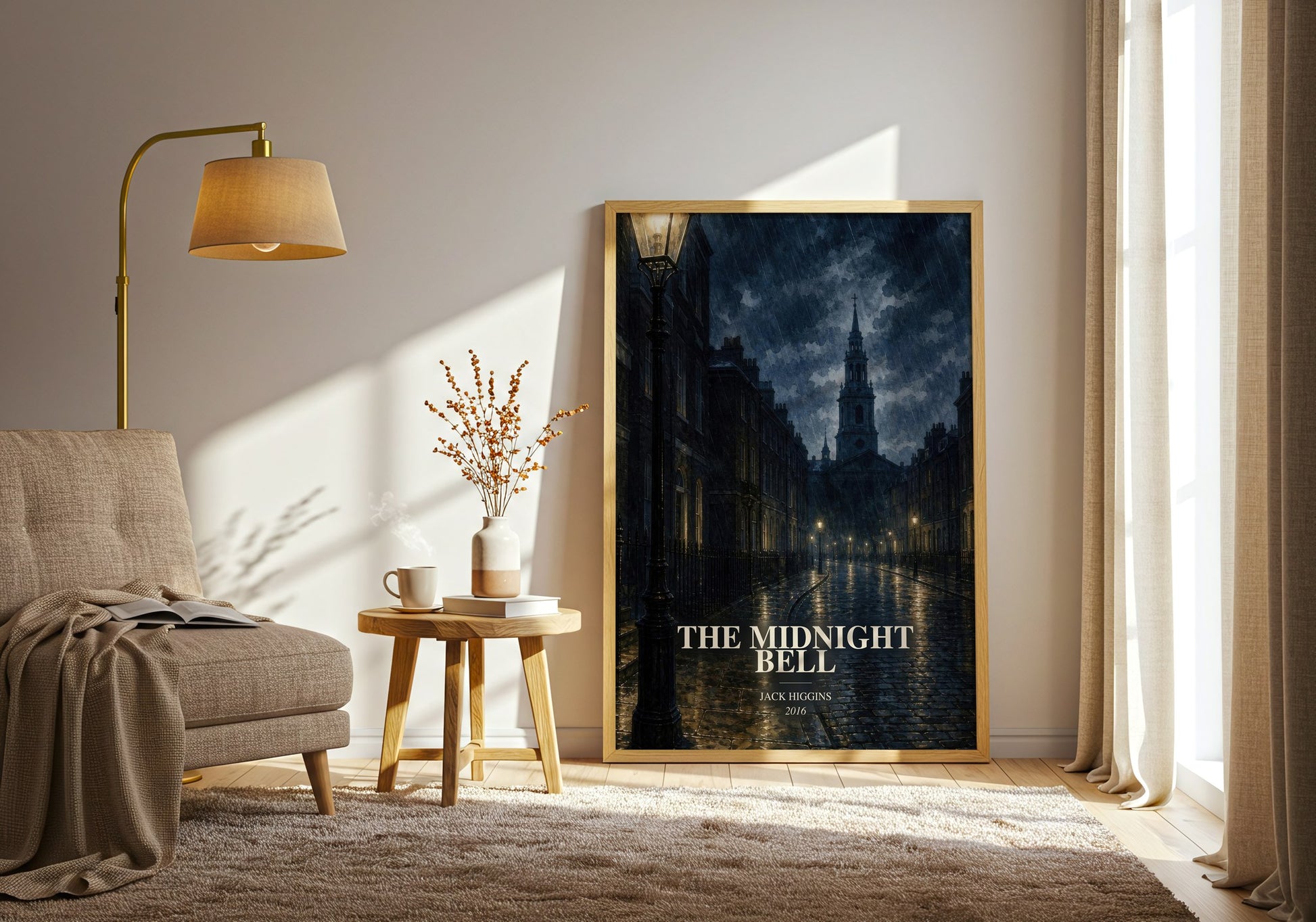 The Midnight Bell watercolour print in frame leaning in hallway – thriller wall art
