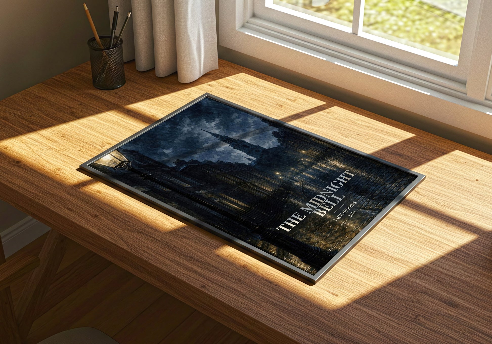 The Midnight Bell watercolour book poster framed on wall – thriller wall art