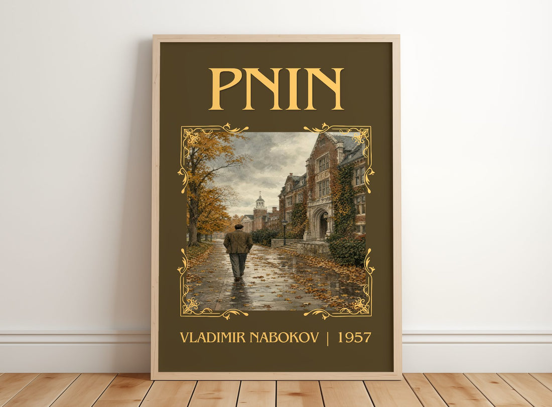 Pnin Classic Book Art Print by Vladimir Nabokov – framed print leaning on a wooden floor