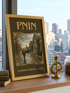 Pnin Classic Book Art Print by Vladimir Nabokov – framed print on a city-view windowsill