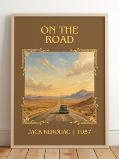 On the Road Classic Book Art Print by Jack Kerouac – framed print leaning on a wooden floor