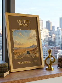 On the Road Classic Book Art Print by Jack Kerouac – framed print on a city-view windowsill