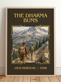 The Dharma Bums Classic Book Art Print by Jack Kerouac – framed print leaning on a wooden floor