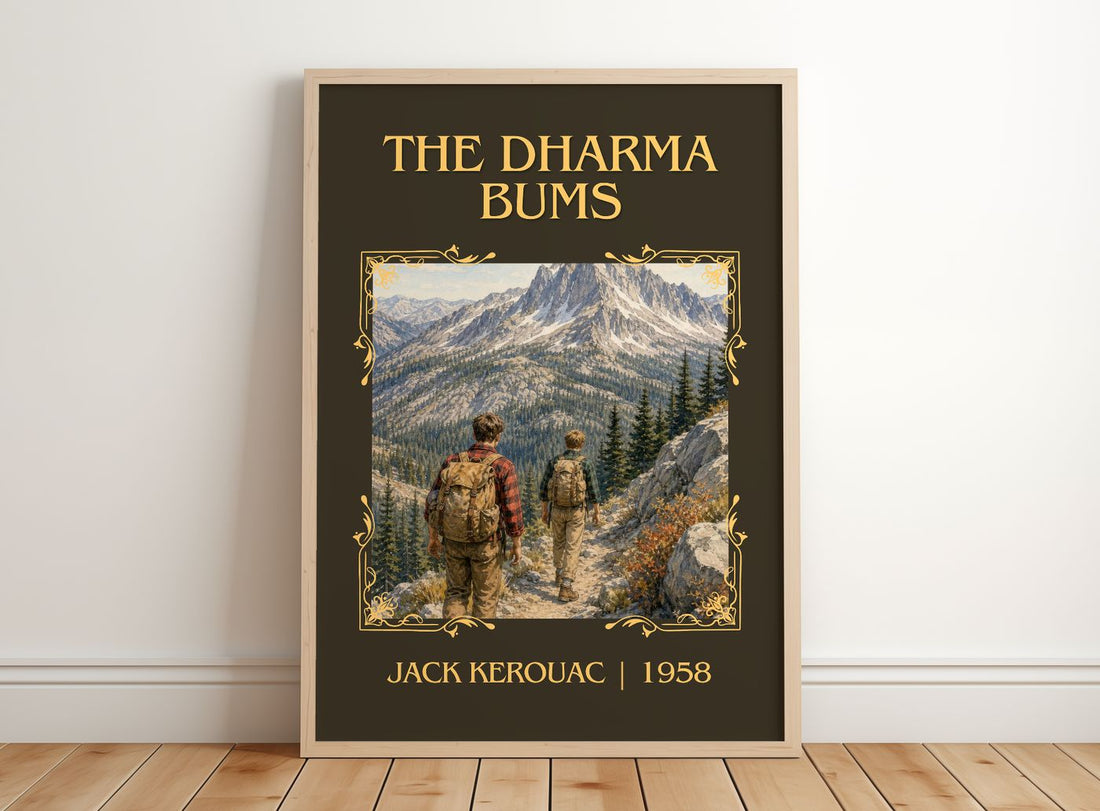 The Dharma Bums Classic Book Art Print by Jack Kerouac – framed print leaning on a wooden floor