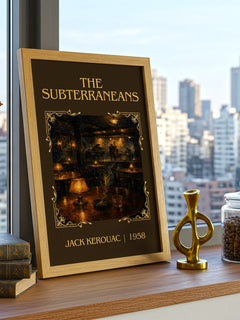The Subterraneans Classic Book Art Print by Jack Kerouac – framed print on a city-view windowsill