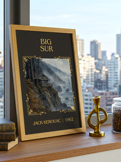 Big Sur Classic Book Art Print by Jack Kerouac – framed print on a city-view windowsill