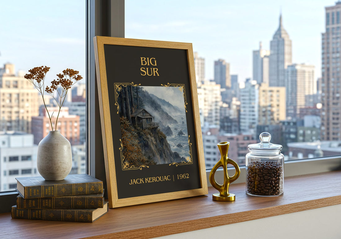 Big Sur Classic Book Art Print by Jack Kerouac – framed print on a city-view windowsill