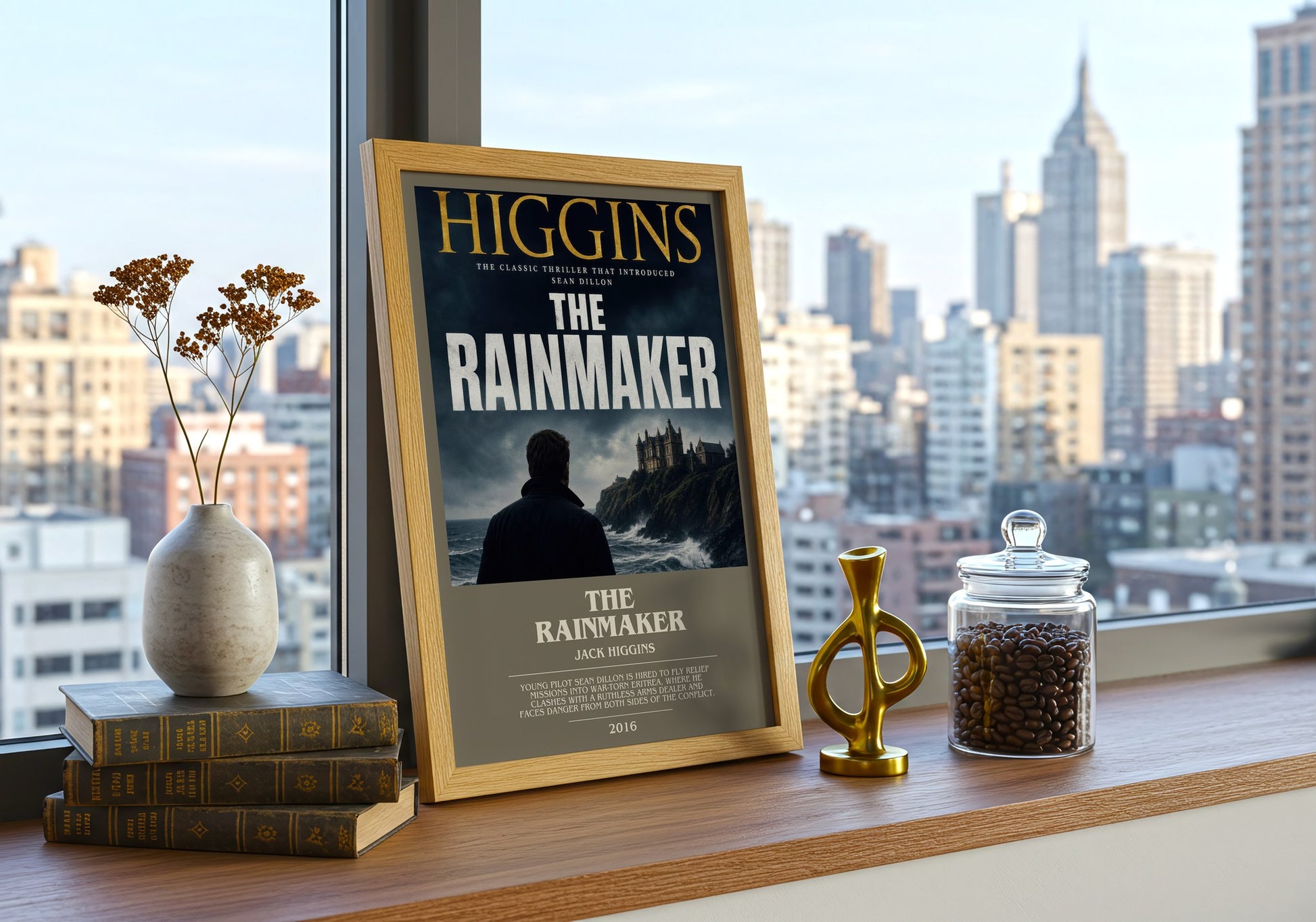 The Rainmaker bookish print framed by window – literary home decor