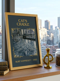 Cat's Cradle Classic Book Art Print by Kurt Vonnegut – framed print on a city-view windowsill