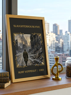 Slaughterhouse-Five Classic Book Art Print by Kurt Vonnegut – framed print on a city-view windowsill