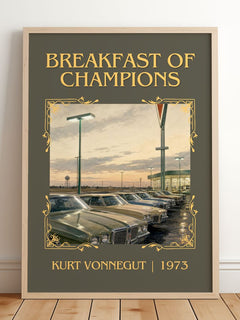 Breakfast of Champions Classic Book Art Print by Kurt Vonnegut – framed print leaning on a wooden floor
