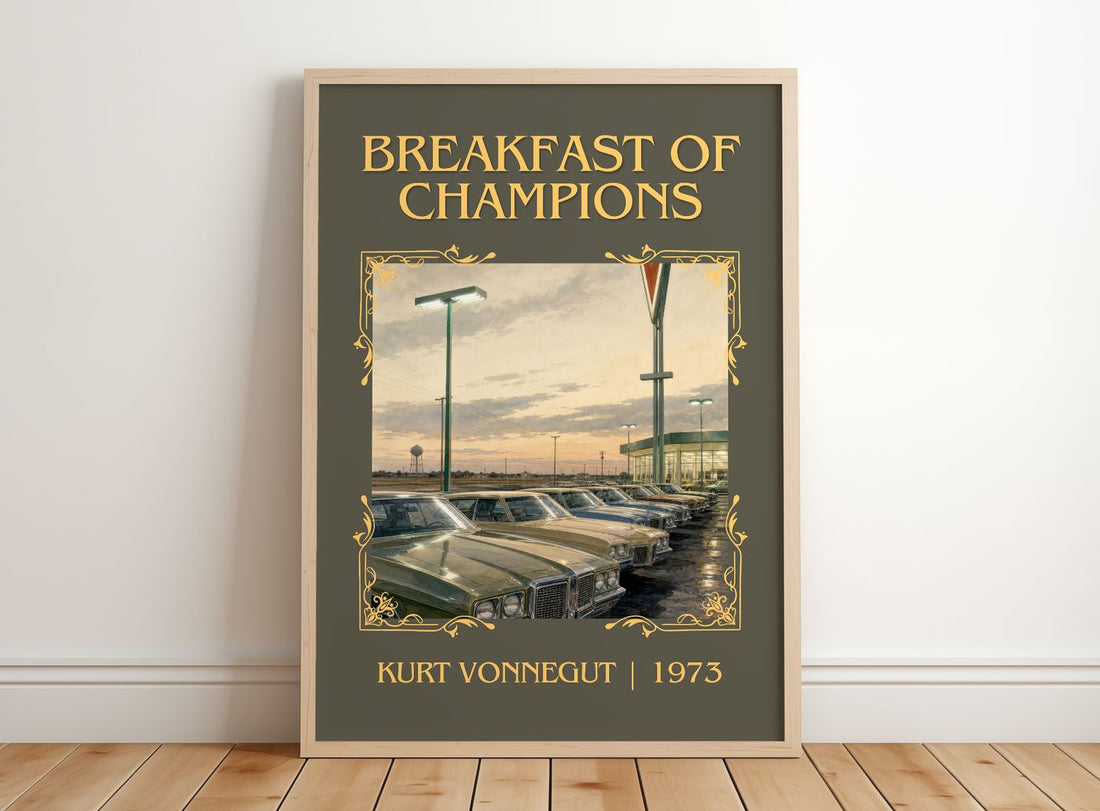 Breakfast of Champions Classic Book Art Print by Kurt Vonnegut – framed print leaning on a wooden floor