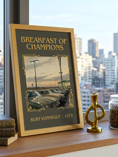 Breakfast of Champions Classic Book Art Print by Kurt Vonnegut – framed print on a city-view windowsill