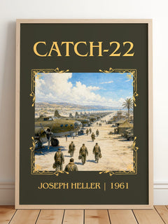 Catch-22 Classic Book Art Print by Joseph Heller – framed print leaning on a wooden floor