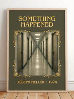 Something Happened Classic Book Art Print by Joseph Heller – framed print leaning on a wooden floor