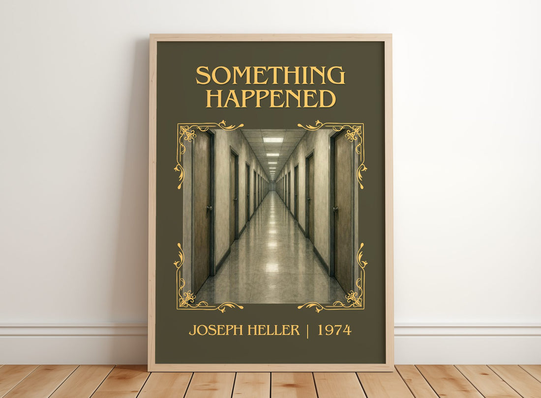 Something Happened Classic Book Art Print by Joseph Heller – framed print leaning on a wooden floor