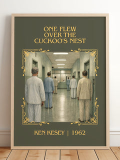 One Flew Over the Cuckoo's Nest Classic Book Art Print by Ken Kesey – framed print leaning on a wooden floor