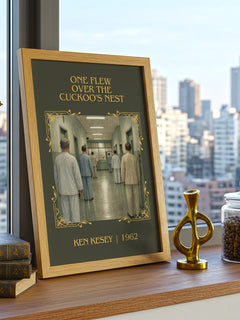 One Flew Over the Cuckoo's Nest Classic Book Art Print by Ken Kesey – framed print on a city-view windowsill
