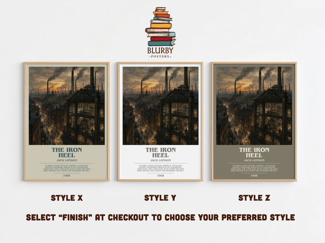 The Iron Heel bookish print in frame leaning in hallway – dystopian wall art (mockup)