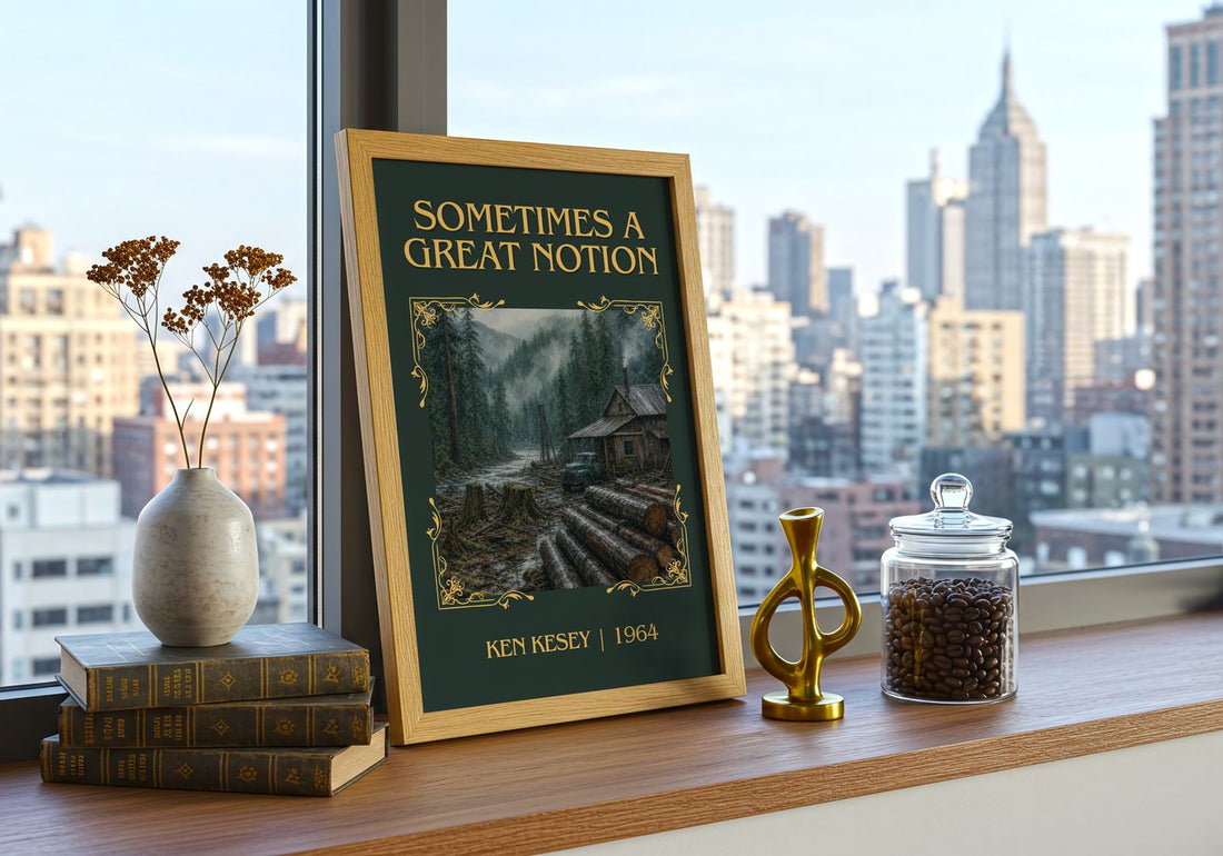 Sometimes a Great Notion Classic Book Art Print by Ken Kesey – framed print on a city-view windowsill