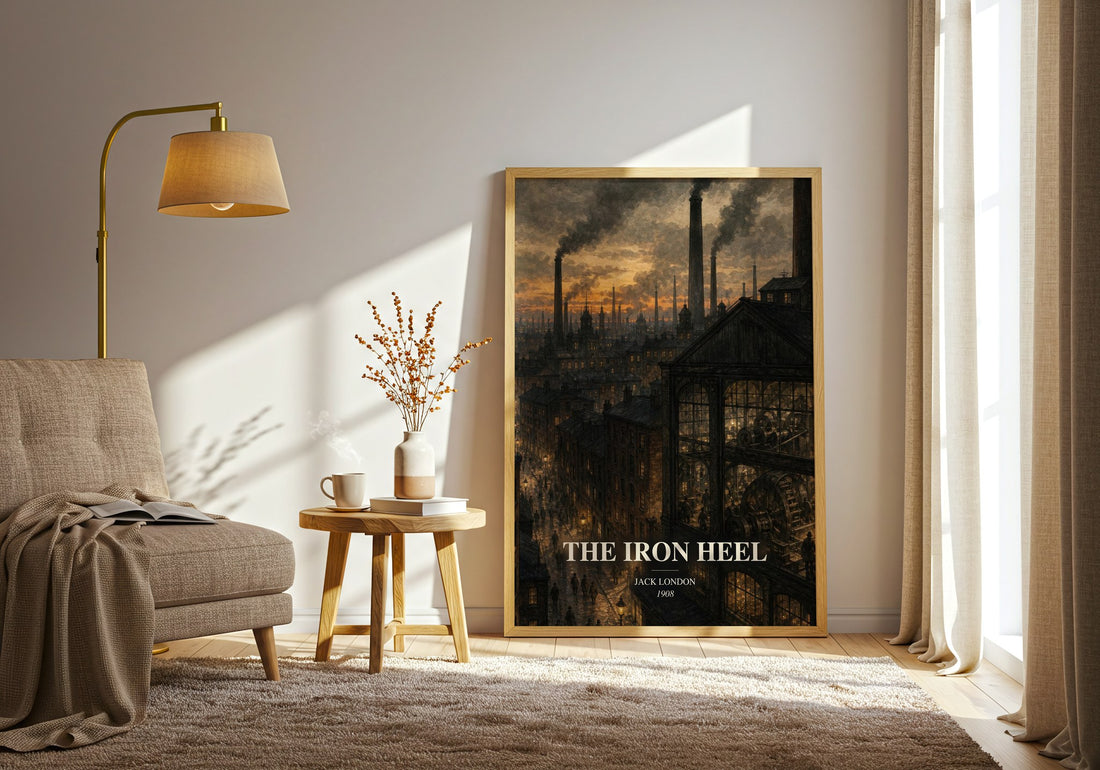 The Iron Heel watercolour print in frame leaning in hallway – dystopian wall art (mockup)