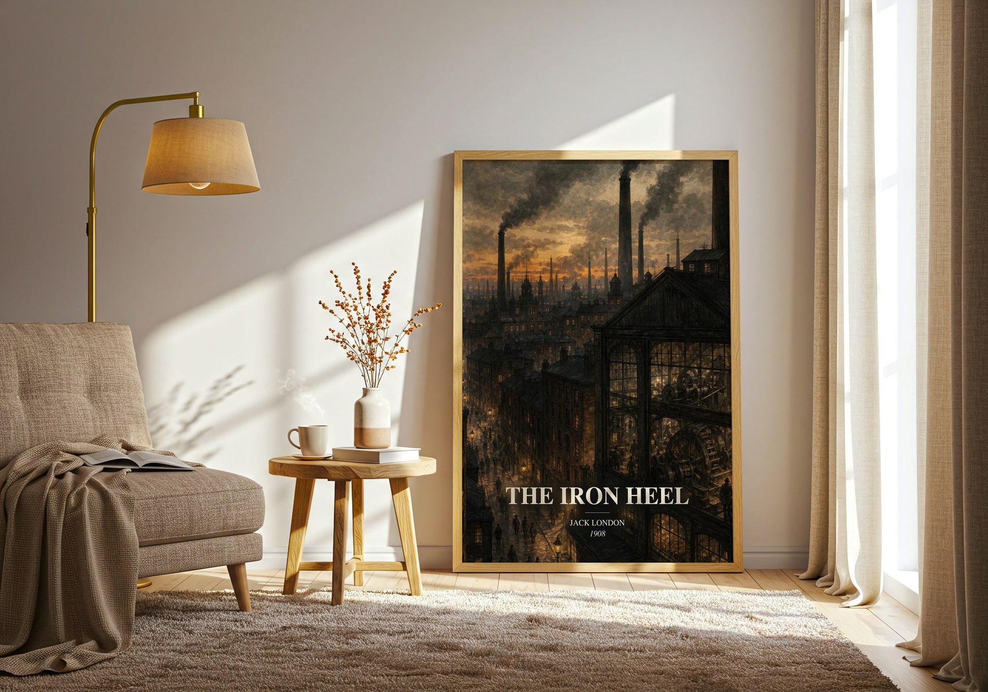 The Iron Heel watercolour print in frame leaning in hallway – dystopian wall art