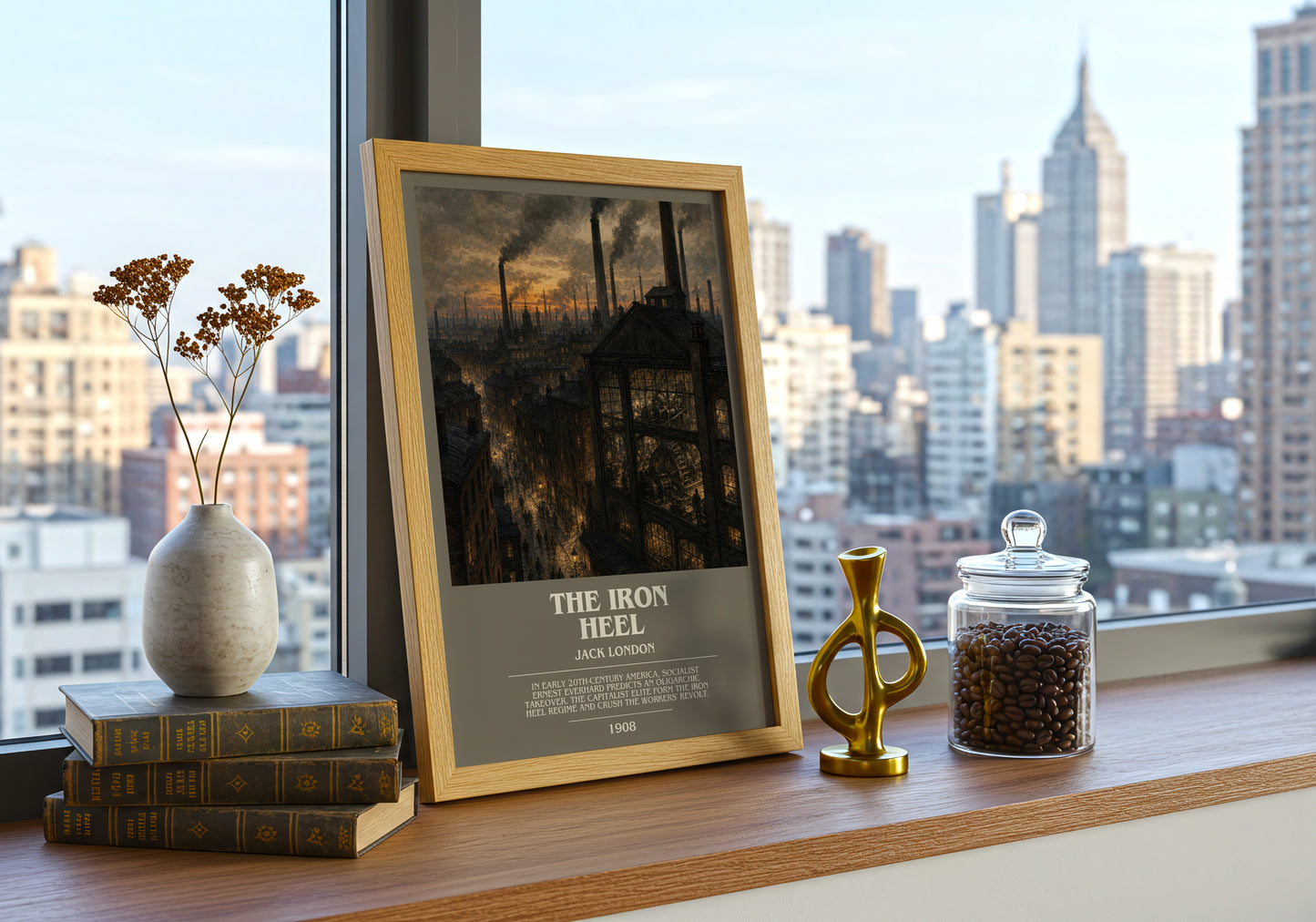 The Iron Heel bookish print framed by window – literary home decor