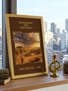 Henderson the Rain King Classic Book Art Print by Saul Bellow – framed print on a city-view windowsill