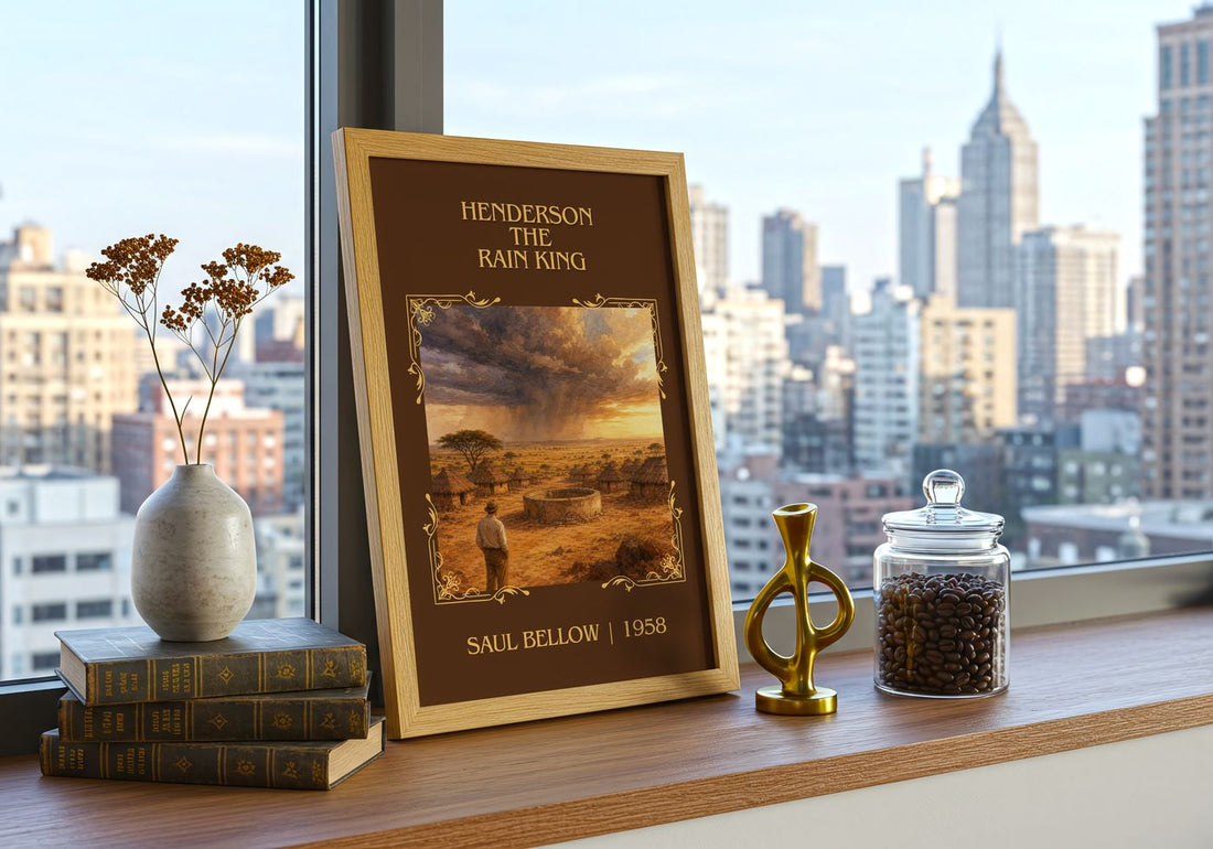 Henderson the Rain King Classic Book Art Print by Saul Bellow – framed print on a city-view windowsill